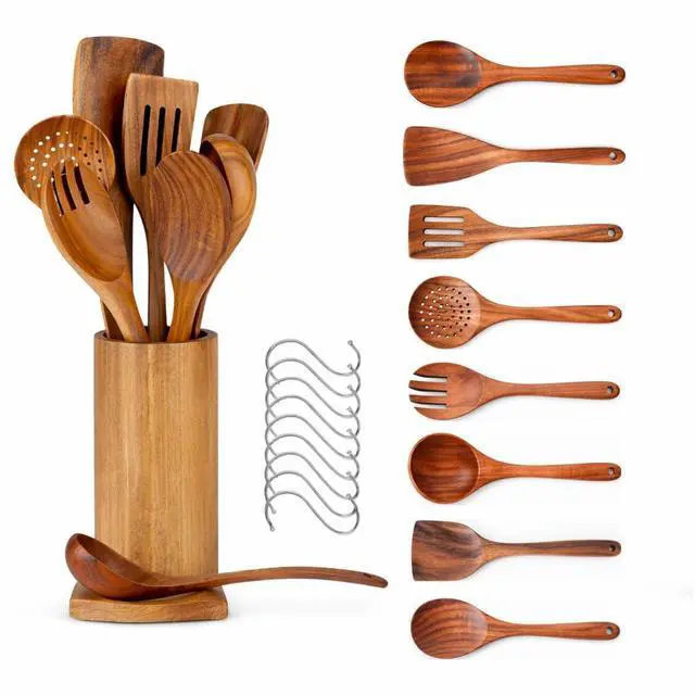 Main image of 10-Piece Wooden Utensil Set with Holder, Spoon Rest & Hooks Durable Non Toxic Cooking Utensils - Wooden Spoons for Cooking, Ideal Kitchen Utensil Set for Cooking Enthusiasts & House Warming