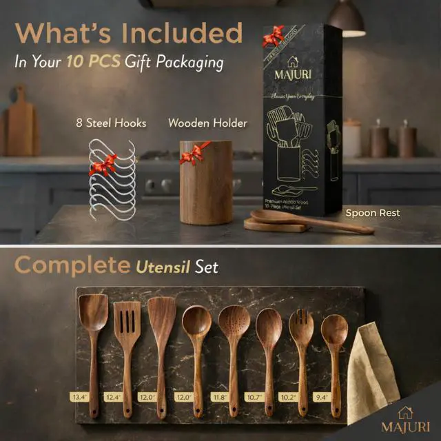 Alt view image 2 of 7 - 10-Piece Wooden Utensil Set with Holder, Spoon Rest & Hooks Durable Non Toxic Cooking Utensils - Wooden Spoons for Cooking, Ideal Kitchen Utensil Set for Cooking Enthusiasts & House Warming
