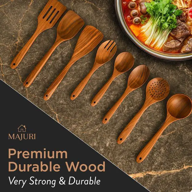 Alt view image 3 of 7 - 10-Piece Wooden Utensil Set with Holder, Spoon Rest & Hooks Durable Non Toxic Cooking Utensils - Wooden Spoons for Cooking, Ideal Kitchen Utensil Set for Cooking Enthusiasts & House Warming