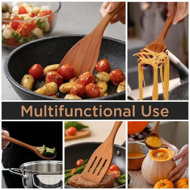 Alt view image 5 of 7 - 10-Piece Wooden Utensil Set with Holder, Spoon Rest & Hooks Durable Non Toxic Cooking Utensils - Wooden Spoons for Cooking, Ideal Kitchen Utensil Set for Cooking Enthusiasts & House Warming