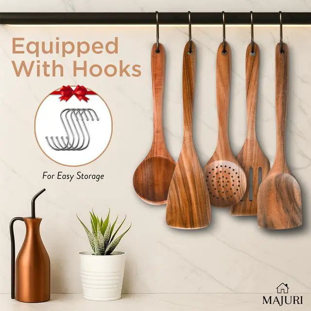 Alt view image 7 of 7 - 10-Piece Wooden Utensil Set with Holder, Spoon Rest & Hooks Durable Non Toxic Cooking Utensils - Wooden Spoons for Cooking, Ideal Kitchen Utensil Set for Cooking Enthusiasts & House Warming