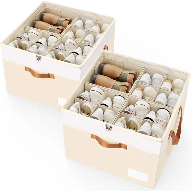 Main image of Shoe Organizer for Closet, 2 Pack Foldable Shoe Storage Organizer Box Bin with Adjustable Dividers and Clear Cover, Closet Shoe Storage for Sneakers Sandals Boots, Fit 16-32 Pairs, Beige
