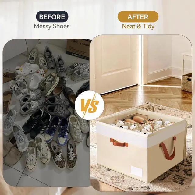 Alt view image 2 of 7 - Shoe Organizer for Closet, 2 Pack Foldable Shoe Storage Organizer Box Bin with Adjustable Dividers and Clear Cover, Closet Shoe Storage for Sneakers Sandals Boots, Fit 16-32 Pairs, Beige