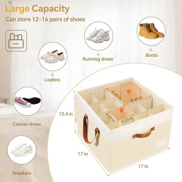 Alt view image 4 of 7 - Shoe Organizer for Closet, 2 Pack Foldable Shoe Storage Organizer Box Bin with Adjustable Dividers and Clear Cover, Closet Shoe Storage for Sneakers Sandals Boots, Fit 16-32 Pairs, Beige