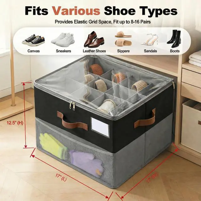 Alt view image 2 of 7 - Shoe Organizer for Closet, Foldable Shoe Rack with Clear Cover, Adjustable Dividers for 16 Pairs, Storage Cubby for Wardrobe, Grey & Black
