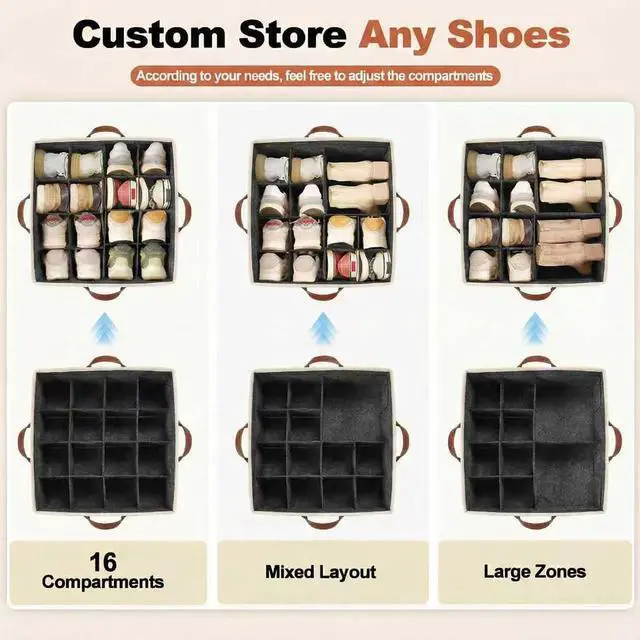 Alt view image 4 of 7 - Shoe Organizer for Closet, Foldable Shoe Rack with Clear Cover, Adjustable Dividers for 16 Pairs, Storage Cubby for Wardrobe, Grey & Black