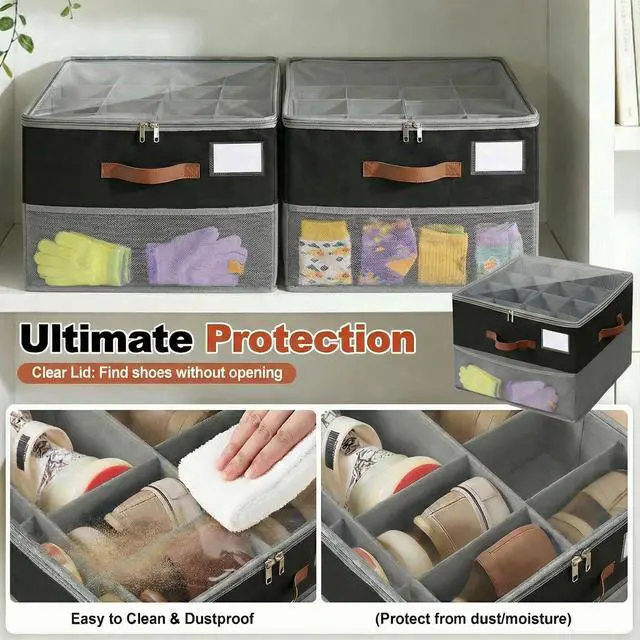 Alt view image 6 of 7 - Shoe Organizer for Closet, Foldable Shoe Rack with Clear Cover, Adjustable Dividers for 16 Pairs, Storage Cubby for Wardrobe, Grey & Black