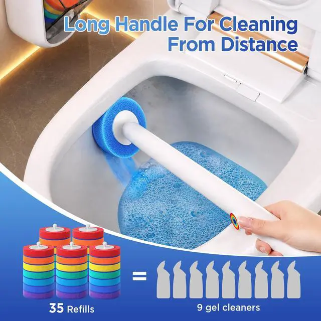 Alt view image 4 of 7 - Disposable Toilet Brush, Wall Mounted Toilet Bowl Brush with 35 Colorful Refills, Toilet Bowl Brush with Storage Box for Deep Bathroom Toilet Cleaning (1 Handle + 35 Colorful Refills).
