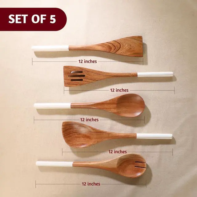 Alt view image 4 of 7 - Wooden Spoons for Cooking | 12" Premium Acacia Wooden Utensil Set of 5 - Smooth Finish, Soft Comfort Cooking Utensils Set for Kitchen, Gifts | Non Stick Wooden Cooking Utensils Set of 5