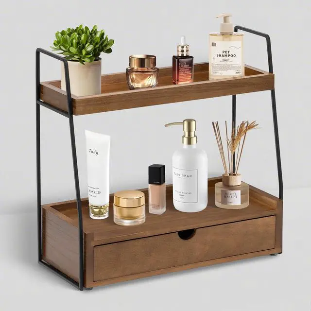Main image of 2-Tier Bathroom Organizer Countertop with Drawer, Wood Counter Organizer for Bathroom Decor, Sink Shelf for Vanity Storage, Makeup Tray for Perfume Skincare, Spice Rack Bedroom Kitchen Corner