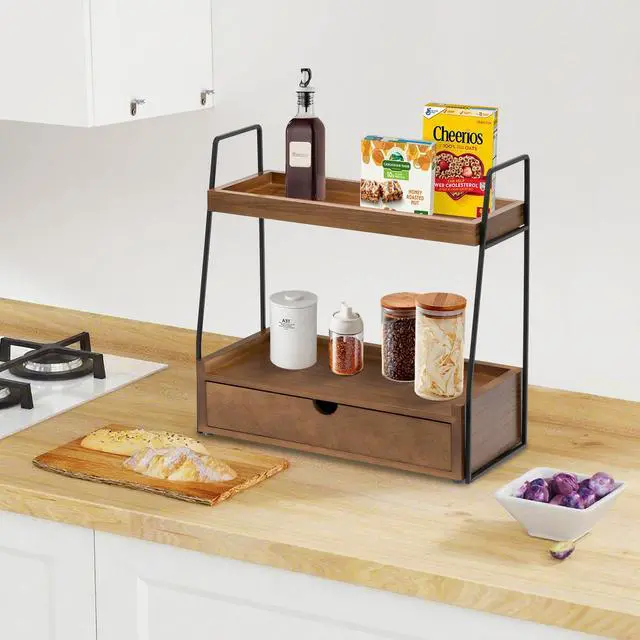 Alt view image 2 of 7 - 2-Tier Bathroom Organizer Countertop with Drawer, Wood Counter Organizer for Bathroom Decor, Sink Shelf for Vanity Storage, Makeup Tray for Perfume Skincare, Spice Rack Bedroom Kitchen Corner