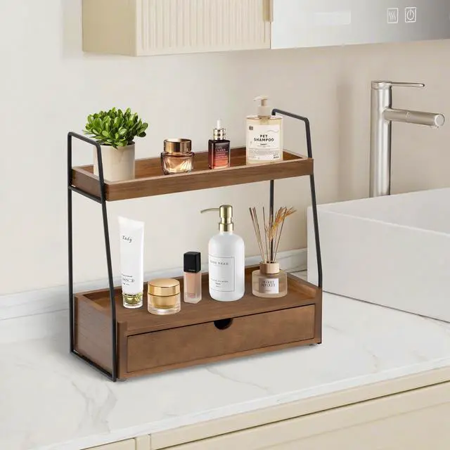 Alt view image 3 of 7 - 2-Tier Bathroom Organizer Countertop with Drawer, Wood Counter Organizer for Bathroom Decor, Sink Shelf for Vanity Storage, Makeup Tray for Perfume Skincare, Spice Rack Bedroom Kitchen Corner