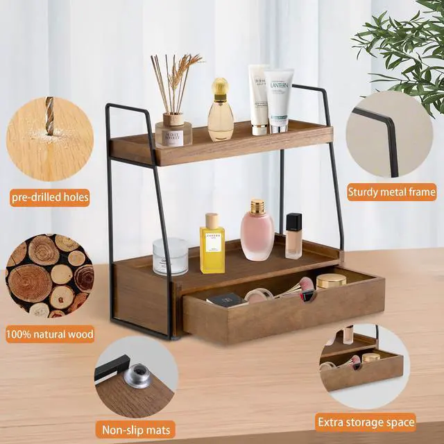 Alt view image 5 of 7 - 2-Tier Bathroom Organizer Countertop with Drawer, Wood Counter Organizer for Bathroom Decor, Sink Shelf for Vanity Storage, Makeup Tray for Perfume Skincare, Spice Rack Bedroom Kitchen Corner