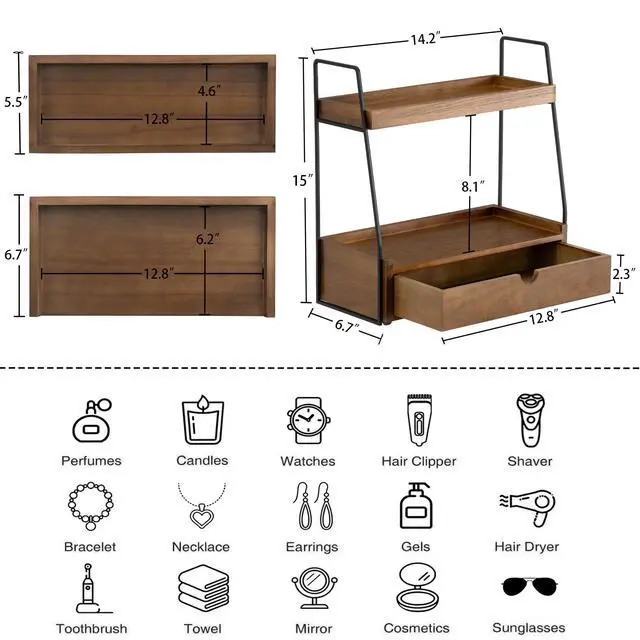 Alt view image 6 of 7 - 2-Tier Bathroom Organizer Countertop with Drawer, Wood Counter Organizer for Bathroom Decor, Sink Shelf for Vanity Storage, Makeup Tray for Perfume Skincare, Spice Rack Bedroom Kitchen Corner