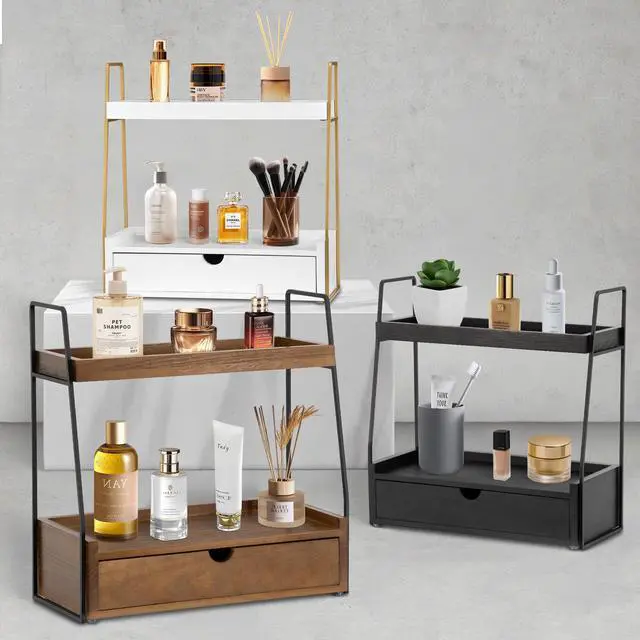 Alt view image 7 of 7 - 2-Tier Bathroom Organizer Countertop with Drawer, Wood Counter Organizer for Bathroom Decor, Sink Shelf for Vanity Storage, Makeup Tray for Perfume Skincare, Spice Rack Bedroom Kitchen Corner