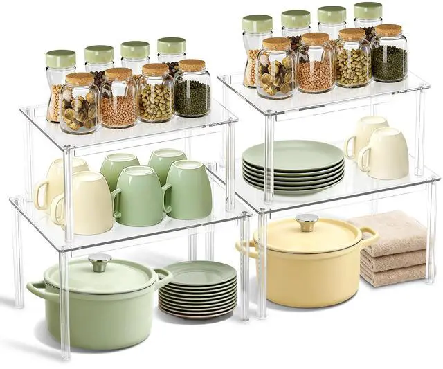 Main image of Clear Kitchen Cabinet Organizer, Set of 4 Stackable Spice Rack, Acrylic Shelves for Pantry Organizers and Storage, Tiered Spice Organization for Cabinet, Shelf Organizer for Desk Countertop