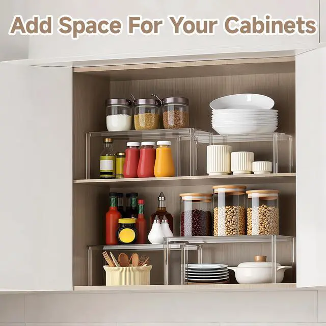 Alt view image 2 of 7 - Clear Kitchen Cabinet Organizer, Set of 4 Stackable Spice Rack, Acrylic Shelves for Pantry Organizers and Storage, Tiered Spice Organization for Cabinet, Shelf Organizer for Desk Countertop