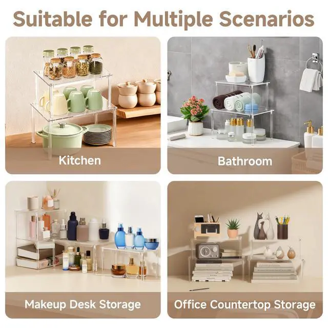 Alt view image 4 of 7 - Clear Kitchen Cabinet Organizer, Set of 4 Stackable Spice Rack, Acrylic Shelves for Pantry Organizers and Storage, Tiered Spice Organization for Cabinet, Shelf Organizer for Desk Countertop
