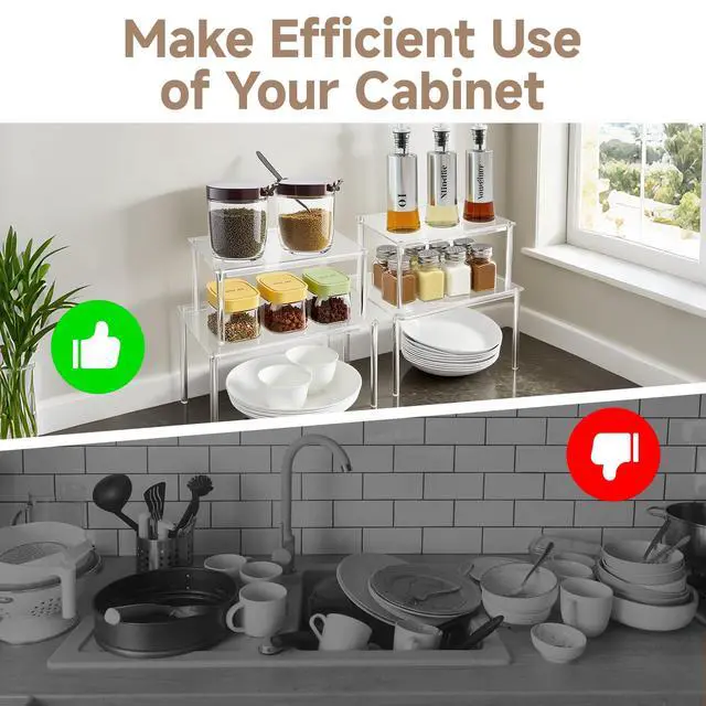 Alt view image 5 of 7 - Clear Kitchen Cabinet Organizer, Set of 4 Stackable Spice Rack, Acrylic Shelves for Pantry Organizers and Storage, Tiered Spice Organization for Cabinet, Shelf Organizer for Desk Countertop