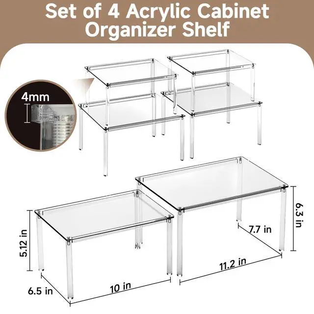 Alt view image 7 of 7 - Clear Kitchen Cabinet Organizer, Set of 4 Stackable Spice Rack, Acrylic Shelves for Pantry Organizers and Storage, Tiered Spice Organization for Cabinet, Shelf Organizer for Desk Countertop