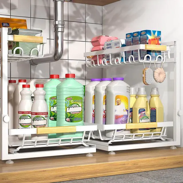 Main image of 2 Packs Under Sink Organizer, Height Adjustable 2 Tier Under Kitchen Sink Organizer, Multi-Purpose Storage Shelf for Kitchen Bathroom Cabinet (White, Large)