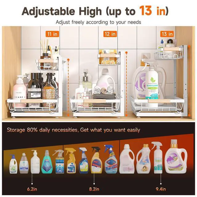 Alt view image 2 of 7 - 2 Packs Under Sink Organizer, Height Adjustable 2 Tier Under Kitchen Sink Organizer, Multi-Purpose Storage Shelf for Kitchen Bathroom Cabinet (White, Large)