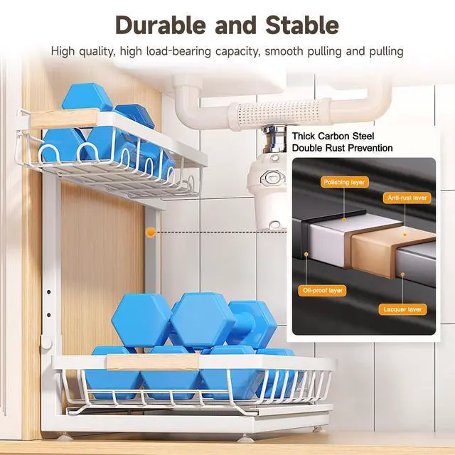 Alt view image 5 of 7 - 2 Packs Under Sink Organizer, Height Adjustable 2 Tier Under Kitchen Sink Organizer, Multi-Purpose Storage Shelf for Kitchen Bathroom Cabinet (White, Large)