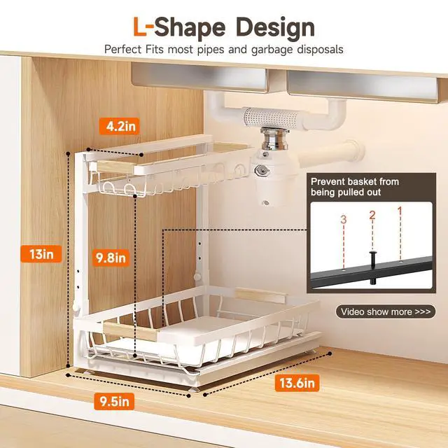 Alt view image 3 of 7 - 2 Packs Under Sink Organizer, Height Adjustable 2 Tier Under Kitchen Sink Organizer, Multi-Purpose Storage Shelf for Kitchen Bathroom Cabinet (White, Large)