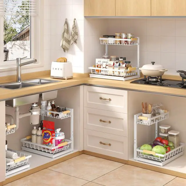 Alt view image 6 of 7 - 2 Packs Under Sink Organizer, Height Adjustable 2 Tier Under Kitchen Sink Organizer, Multi-Purpose Storage Shelf for Kitchen Bathroom Cabinet (White, Large)