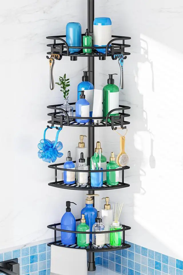 Main image of Corner Shower Caddy Tension Pole: 4-Tier Large Capacity Bathroom Organizer Shelf with Towel Bar - Rustproof No-Drill Adjustable 47-123 inch Storage for Renters, Home Bathtub Stand Rack, Black