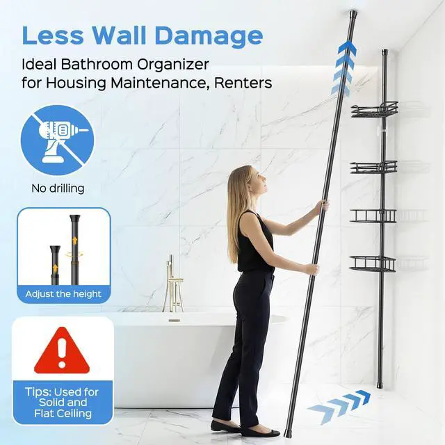 Alt view image 3 of 6 - Corner Shower Caddy Tension Pole: 4-Tier Large Capacity Bathroom Organizer Shelf with Towel Bar - Rustproof No-Drill Adjustable 47-123 inch Storage for Renters, Home Bathtub Stand Rack, Black
