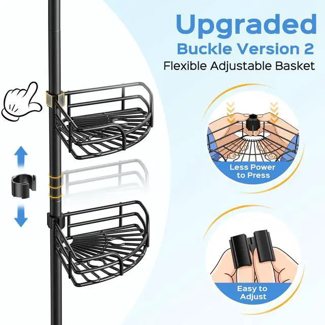 Alt view image 6 of 6 - Corner Shower Caddy Tension Pole: 4-Tier Large Capacity Bathroom Organizer Shelf with Towel Bar - Rustproof No-Drill Adjustable 47-123 inch Storage for Renters, Home Bathtub Stand Rack, Black