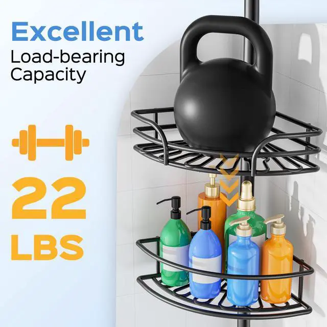 Alt view image 4 of 6 - Corner Shower Caddy Tension Pole: 4-Tier Large Capacity Bathroom Organizer Shelf with Towel Bar - Rustproof No-Drill Adjustable 47-123 inch Storage for Renters, Home Bathtub Stand Rack, Black