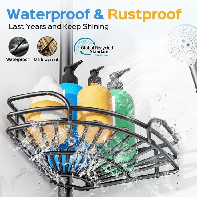 Alt view image 5 of 6 - Corner Shower Caddy Tension Pole: 4-Tier Large Capacity Bathroom Organizer Shelf with Towel Bar - Rustproof No-Drill Adjustable 47-123 inch Storage for Renters, Home Bathtub Stand Rack, Black