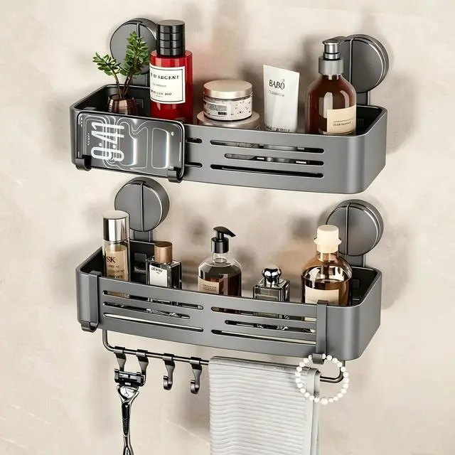 Main image of Shower Caddy Suction Shower Shelf No Drilling Shower Organizer Suction Cup Shower Storage Rack Aluminum Wall Mounted Shampoo Holder with Towel Bar Hooks (2-Pack, Matte Gray)