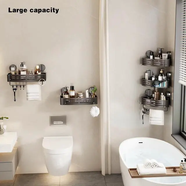 Alt view image 2 of 6 - Shower Caddy Suction Shower Shelf No Drilling Shower Organizer Suction Cup Shower Storage Rack Aluminum Wall Mounted Shampoo Holder with Towel Bar Hooks (2-Pack, Matte Gray)