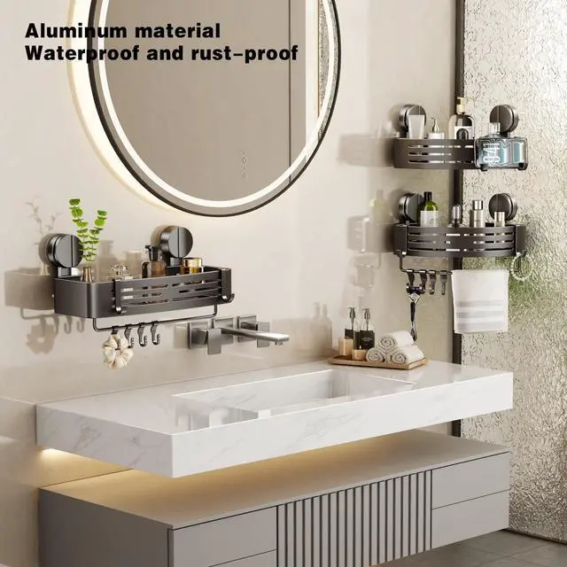 Alt view image 3 of 6 - Shower Caddy Suction Shower Shelf No Drilling Shower Organizer Suction Cup Shower Storage Rack Aluminum Wall Mounted Shampoo Holder with Towel Bar Hooks (2-Pack, Matte Gray)