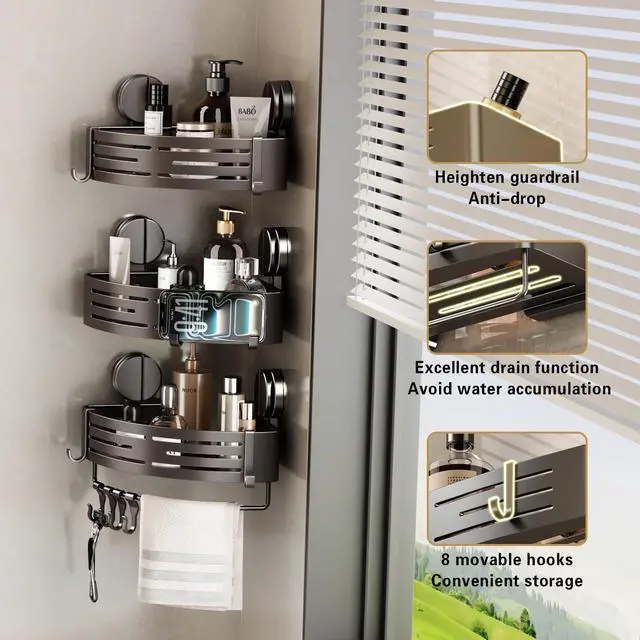 Alt view image 4 of 6 - Shower Caddy Suction Shower Shelf No Drilling Shower Organizer Suction Cup Shower Storage Rack Aluminum Wall Mounted Shampoo Holder with Towel Bar Hooks (2-Pack, Matte Gray)