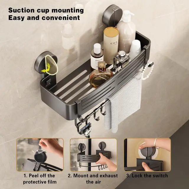 Alt view image 5 of 6 - Shower Caddy Suction Shower Shelf No Drilling Shower Organizer Suction Cup Shower Storage Rack Aluminum Wall Mounted Shampoo Holder with Towel Bar Hooks (2-Pack, Matte Gray)