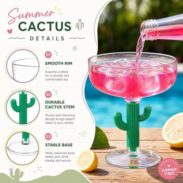 Alt view image 3 of 6 - 12 Pcs Cactus Margarita Glasses Bulk Plastic Cactus Cup Durable Green Stemmed Cocktail Glasses 12 oz Shatterproof Goblet Cups Fiesta Cinco De Mayo Party Supplies