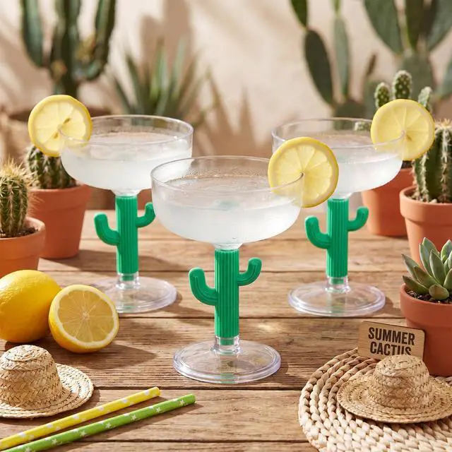 Alt view image 6 of 6 - 12 Pcs Cactus Margarita Glasses Bulk Plastic Cactus Cup Durable Green Stemmed Cocktail Glasses 12 oz Shatterproof Goblet Cups Fiesta Cinco De Mayo Party Supplies