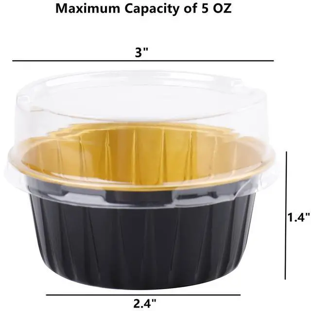 Alt view image 2 of 7 - 100 Pieces Aluminum Foil Baking Cups with Lids, 5oz Disposable Ramekin Cupcake Liners, Tart Pie Tin Pan Holder, Mini Cake Containers for Pudding, Souffle, Party, Wedding, Black Gold Color