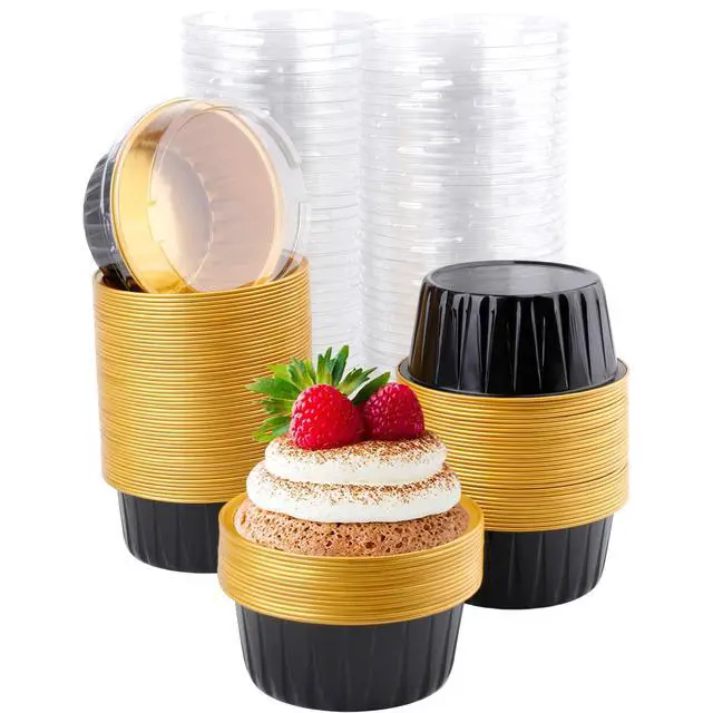 Alt view image 6 of 7 - 100 Pieces Aluminum Foil Baking Cups with Lids, 5oz Disposable Ramekin Cupcake Liners, Tart Pie Tin Pan Holder, Mini Cake Containers for Pudding, Souffle, Party, Wedding, Black Gold Color