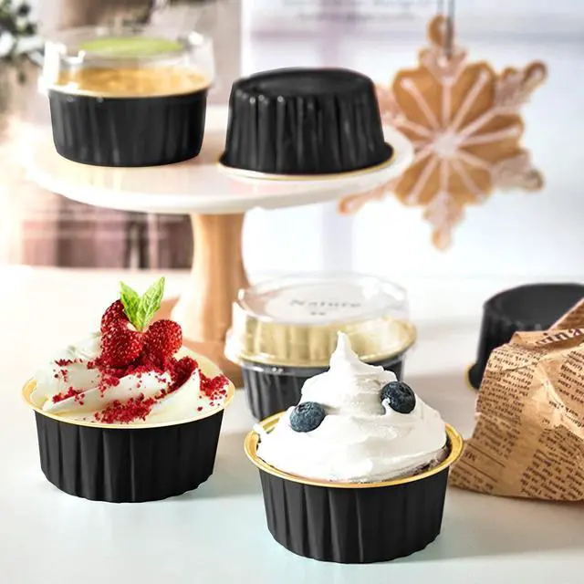 Alt view image 4 of 7 - 100 Pieces Aluminum Foil Baking Cups with Lids, 5oz Disposable Ramekin Cupcake Liners, Tart Pie Tin Pan Holder, Mini Cake Containers for Pudding, Souffle, Party, Wedding, Black Gold Color
