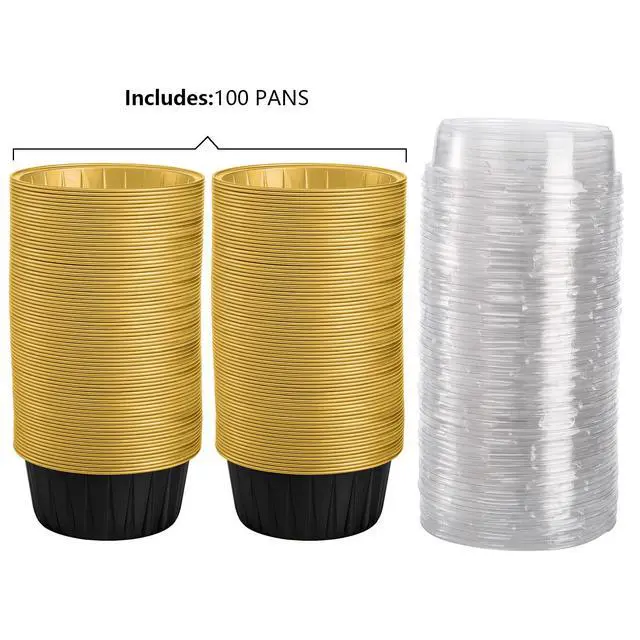 Alt view image 3 of 7 - 100 Pieces Aluminum Foil Baking Cups with Lids, 5oz Disposable Ramekin Cupcake Liners, Tart Pie Tin Pan Holder, Mini Cake Containers for Pudding, Souffle, Party, Wedding, Black Gold Color