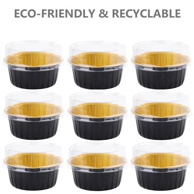 Alt view image 5 of 7 - 100 Pieces Aluminum Foil Baking Cups with Lids, 5oz Disposable Ramekin Cupcake Liners, Tart Pie Tin Pan Holder, Mini Cake Containers for Pudding, Souffle, Party, Wedding, Black Gold Color