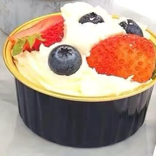 Alt view image 7 of 7 - 100 Pieces Aluminum Foil Baking Cups with Lids, 5oz Disposable Ramekin Cupcake Liners, Tart Pie Tin Pan Holder, Mini Cake Containers for Pudding, Souffle, Party, Wedding, Black Gold Color