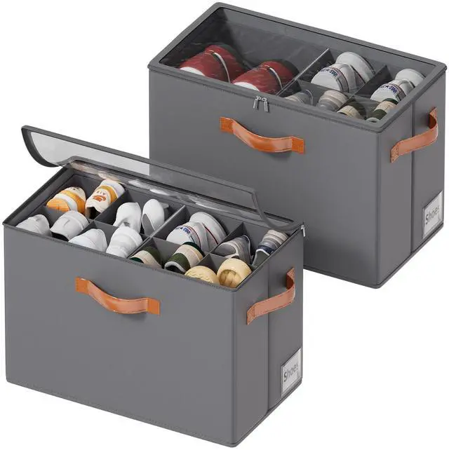 Main image of 2 Pack Shoe Organizer for Closet, Foldable Shoe Storage Organizer with Adjustable Dividers and Clear Cover, Stackable Fabric Closet Organizer Storage Box Fits 16 Pairs, Gray