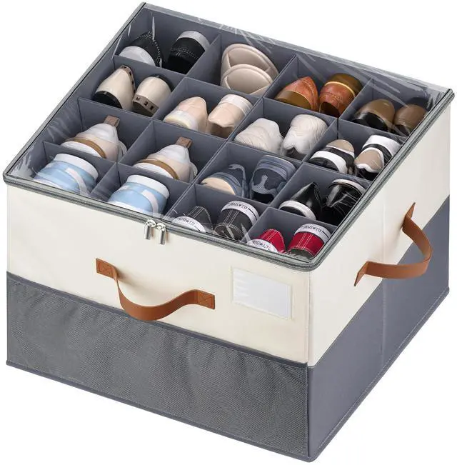 Main image of Shoe Organizer for Closet, 1 Pack Shoe Storage Container with Adjustable Dividers, Space Saving Shoe Box Storage Organizer Bin with Clear Lid and 4 Handles, Fits 8-16 Pairs, Beige & Grey