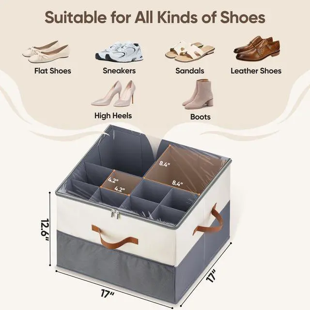 Alt view image 2 of 7 - Shoe Organizer for Closet, 1 Pack Shoe Storage Container with Adjustable Dividers, Space Saving Shoe Box Storage Organizer Bin with Clear Lid and 4 Handles, Fits 8-16 Pairs, Beige & Grey
